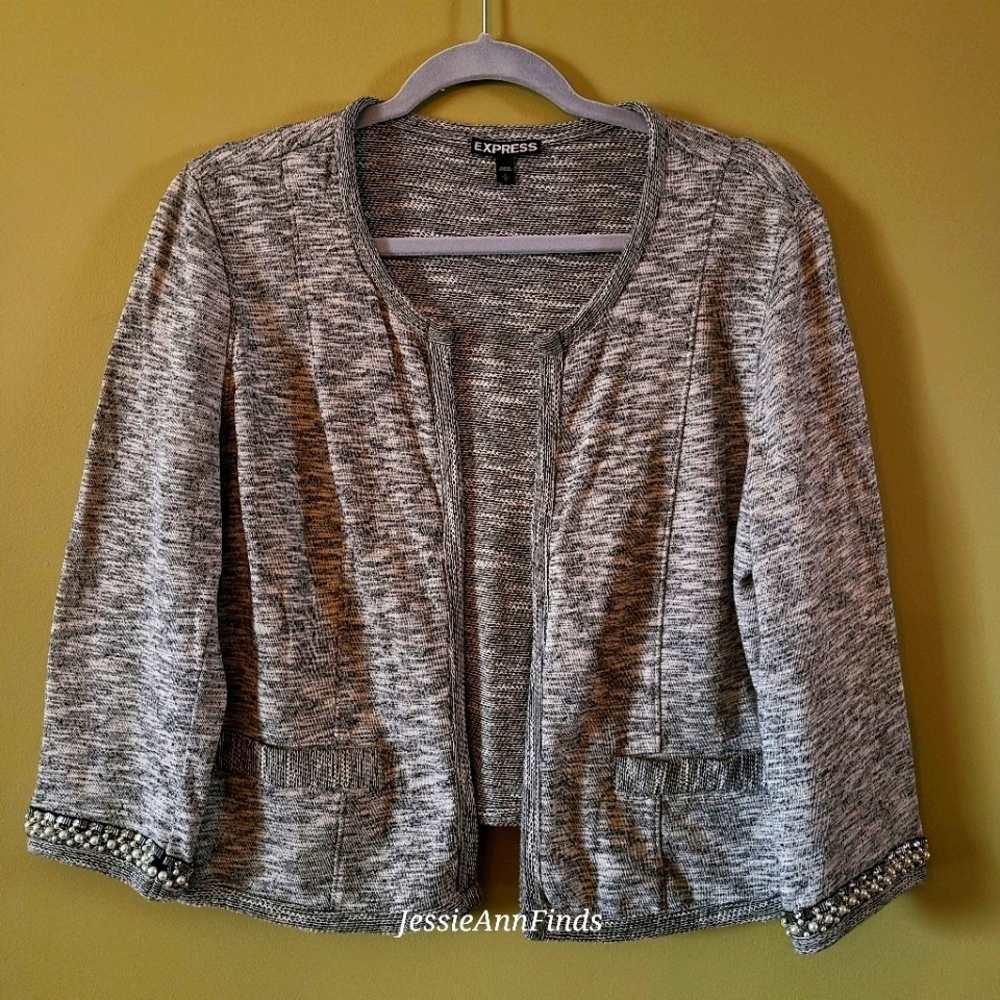Express Gray Heather Embellished Cuffs Sweater Jacket Blazer Size Large